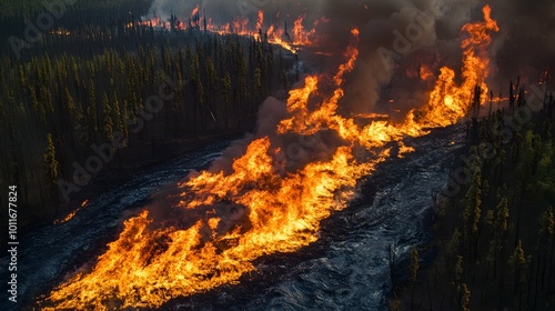 Aerial View of Burning Oil Pipeline Rupture Creating River of Fire.