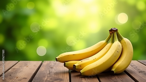 Bunch of fresh bananas on wooden table with green blurred background in natural lightv
