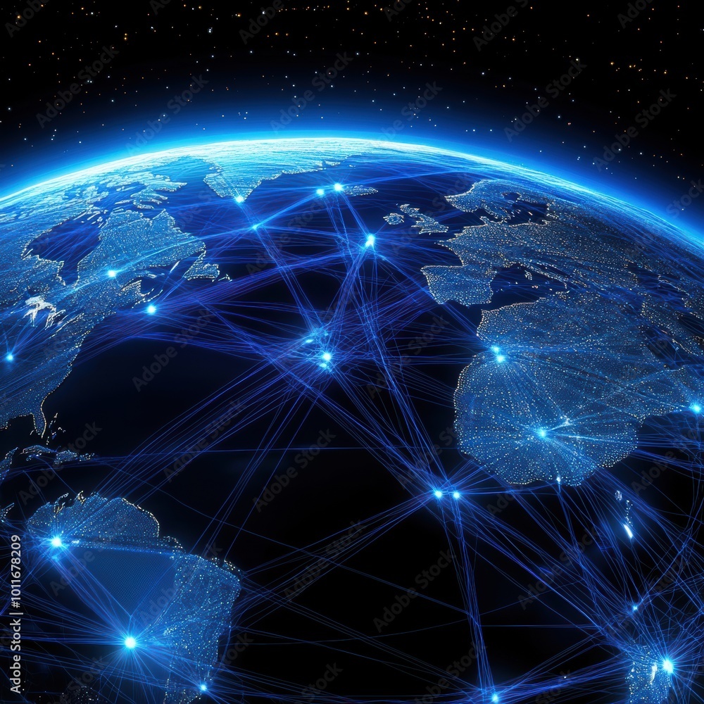 Earth and Space Illustration with Globe, Stars, and Technology Elements Earth and Space Illustration with Globe, Stars, and Technology Elements