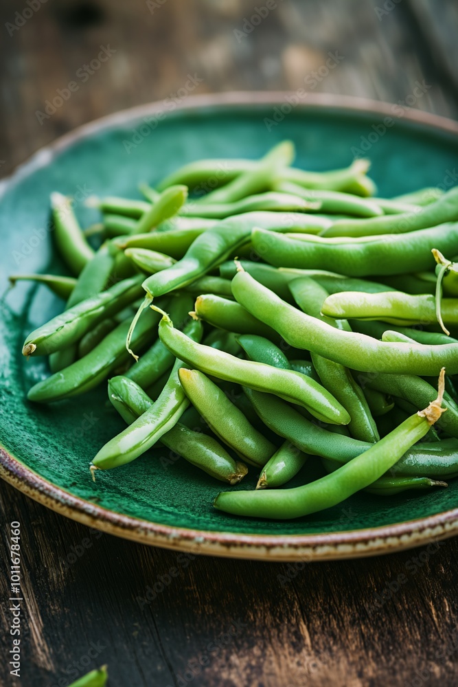 A green plate of green beans. The plate is on a wooden table A green plate of green beans. The plate is on a wooden table