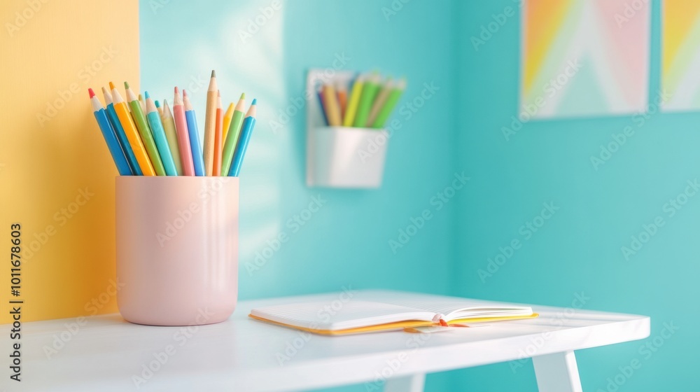 Fototapeta premium Colorful Desk Setup with Pencils and Notebook