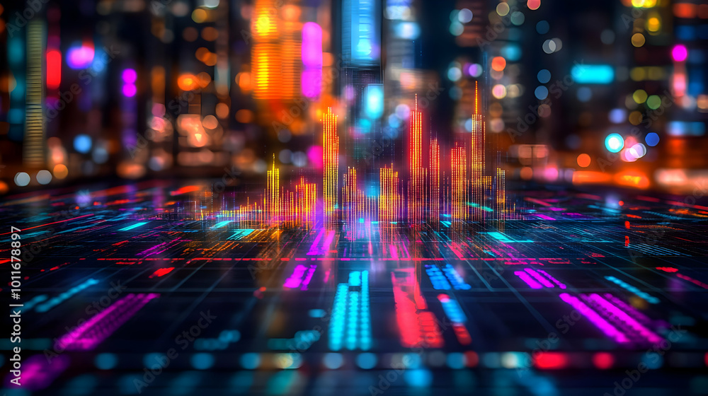 Fototapeta premium A Digital Cityscape With Neon Lights and Illuminated Buildings in a Futuristic Background