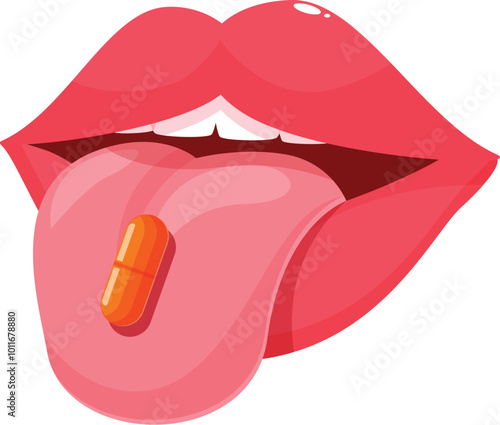 Cartoon illustration of a woman mouth licking an orange pill with tongue out