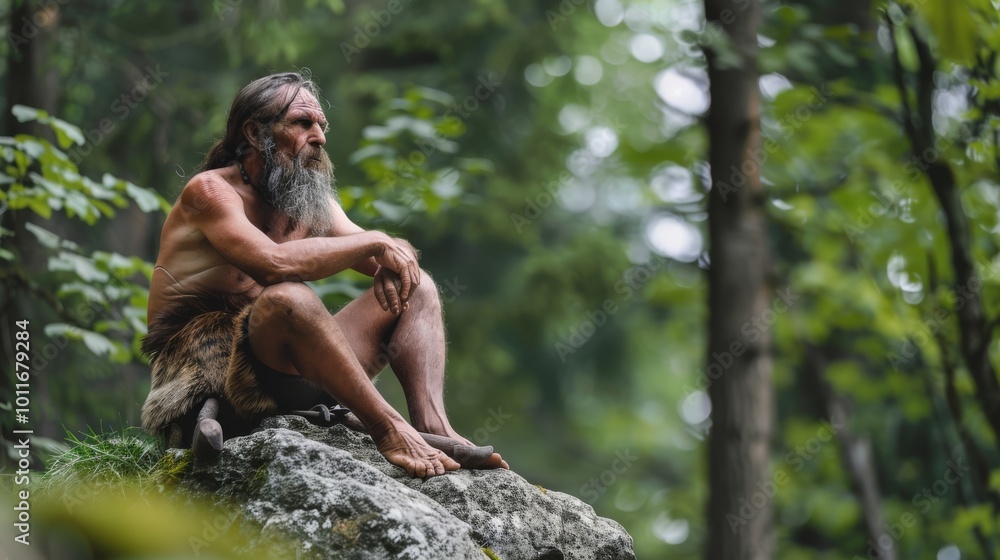 Mature man with a beard, sitting thoughtfully on a rock in the forest, embodying a contemplative and natural lifestyle. Mature man with a beard, sitting thoughtfully on a rock in the forest, embodying a contemplative and natural lifestyle.