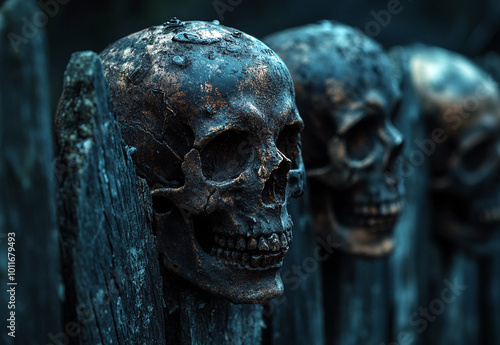 Skulls on fence poles, Halloween night  photo