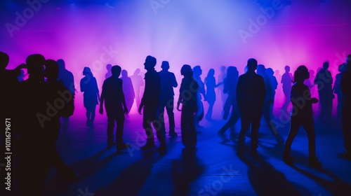 A crowd of silhouetted figures amidst a misty, blue-hued light, creating a surreal, enigmatic night-time scene.