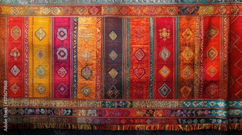 Colorful South Asian textile fabric with detailed patterns, no people, and ample space for text.