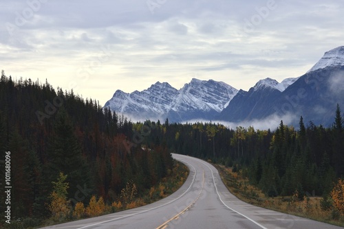 A winding road leads towards snow-capped mountains. Dense evergreen forests flank the road, with hints of autumn colors. Cloudy sky looms above. The scene captures the majesty of a mountain wilderness