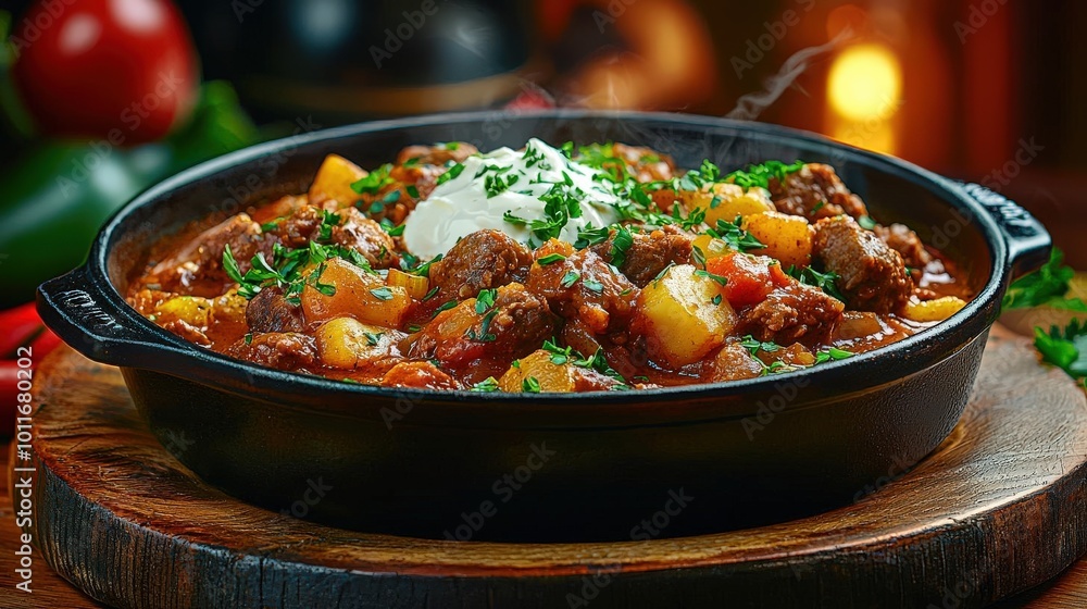 Closeup of beef stew in a skillet Closeup of beef stew in a skillet