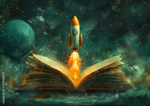 Book with a Rocket Flying Out