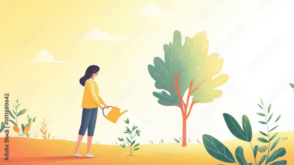 Person watering tree sapling, park setting, bright day, clean background, minimal elements Person watering tree sapling, park setting, bright day, clean background, minimal elements