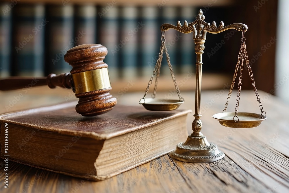 Mallet And Legal Book With Justice Scale On Table, Generative AI Mallet And Legal Book With Justice Scale On Table, Generative AI