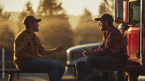 Two truckers sitting on a bench talking in a blurrybackground