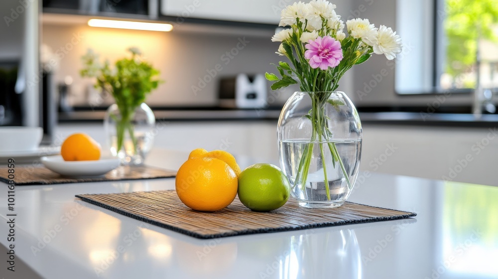 Fresh Fruits and Flowers on a Modern Kitchen Counter Fresh Fruits and Flowers on a Modern Kitchen Counter