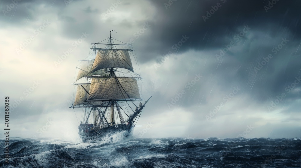 A historic sailing ship navigates through rough seas under dark, brooding clouds, capturing the raw power and adventure of maritime exploration. A historic sailing ship navigates through rough seas under dark, brooding clouds, capturing the raw power and adventure of maritime exploration.
