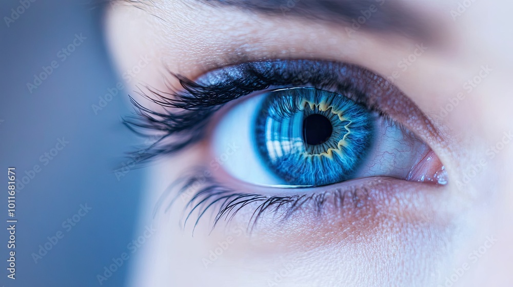 Cyber-enhanced human eye technology concept in close-up, futuristic look with clear copy space. Cyber-enhanced human eye technology concept in close-up, futuristic look with clear copy space.