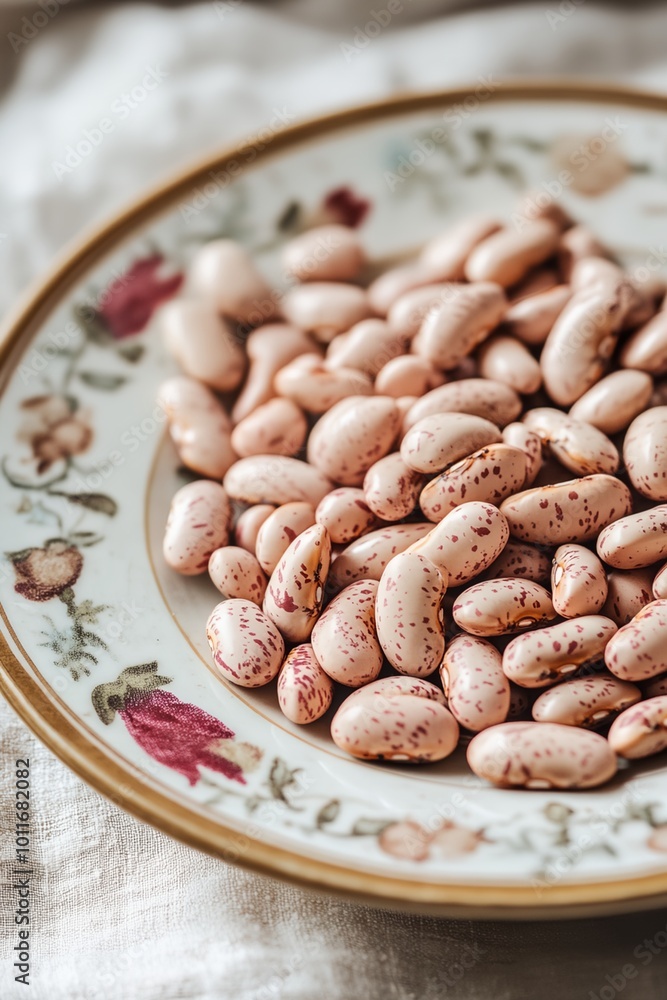 A plate of red and white beans with a floral design on it. The beans are scattered across the plate, with some closer to the edge and others in the center. The plate is placed on a table A plate of red and white beans with a floral design on it. The beans are scattered across the plate, with some closer to the edge and others in the center. The plate is placed on a table
