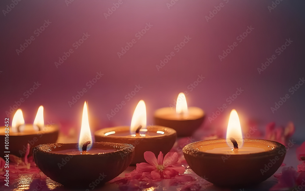 Happy Diwali Diya lamps lit during Diwali, Hindu festival of lights celebration. Diwali diya oil lamps holiday background. Creating a festive and decorative composition Happy Diwali Diya lamps lit during Diwali, Hindu festival of lights celebration. Diwali diya oil lamps holiday background. Creating a festive and decorative composition