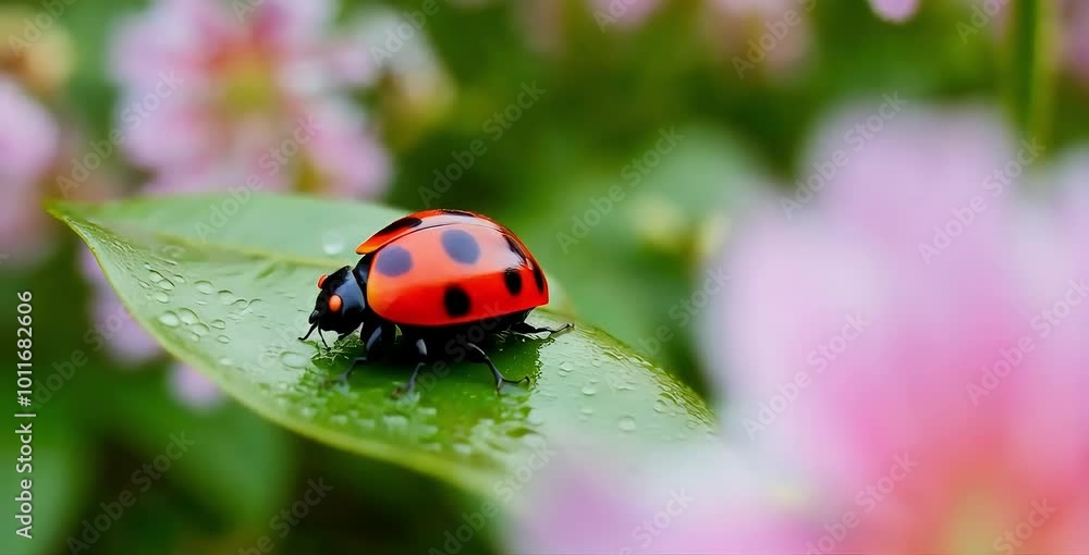 A macro shot of a ladybug perched on a dewy leaf, capturing the delicate beauty of nature with sparkling water droplets in the morning light A macro shot of a ladybug perched on a dewy leaf, capturing the delicate beauty of nature with sparkling water droplets in the morning light