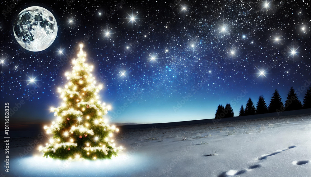 Fototapeta premium Christmas tree under a starry night sky with moonlit snow