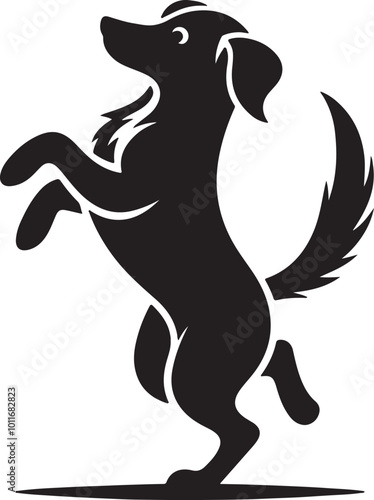 Black and white dog silhouette standing on hind legs, appearing to dance in a vector style