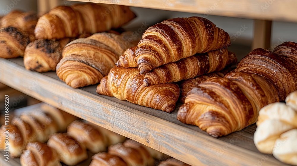 Freshly Baked Croissants: A tempting display of golden croissants on rustic wooden shelves, a visual feast for bread lovers and a mouthwatering invitation to indulge in the perfect pastry. Freshly Baked Croissants: A tempting display of golden croissants on rustic wooden shelves, a visual feast for bread lovers and a mouthwatering invitation to indulge in the perfect pastry.