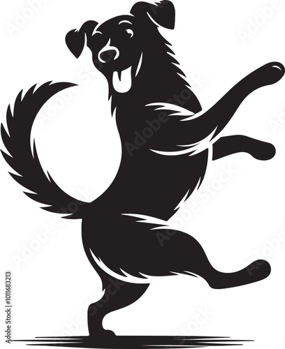 Black and white dog silhouette standing on hind legs, appearing to dance in a vector style