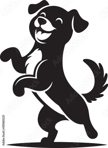 Black and white dog silhouette standing on hind legs, appearing to dance in a vector style