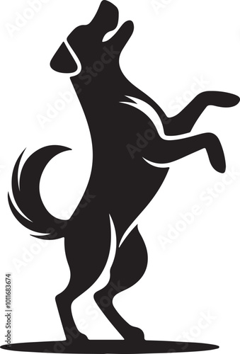 Black and white dog silhouette standing on hind legs, appearing to dance in a vector style