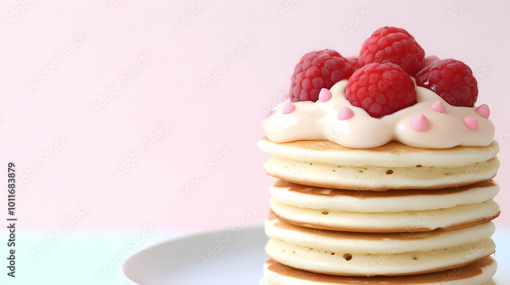 A Stack of Fluffy Pancakes Topped with Whipped Cream and Fresh Raspberries on a Plate A Stack of Fluffy Pancakes Topped with Whipped Cream and Fresh Raspberries on a Plate