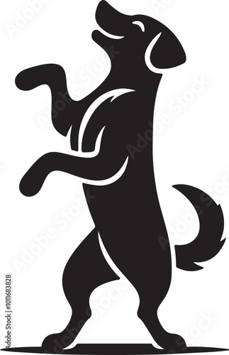 Black and white dog silhouette standing on hind legs, appearing to dance in a vector style