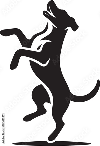 Black and white dog silhouette standing on hind legs, appearing to dance in a vector style