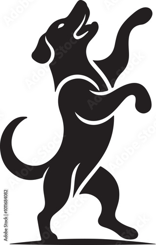 Black and white dog silhouette standing on hind legs, appearing to dance in a vector style