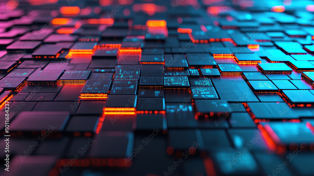 Fototapeta premium Digital technology landscape featuring interconnected microchips and circuits, illuminated with vibrant blue and red lights, creating futuristic and dynamic atmosphere