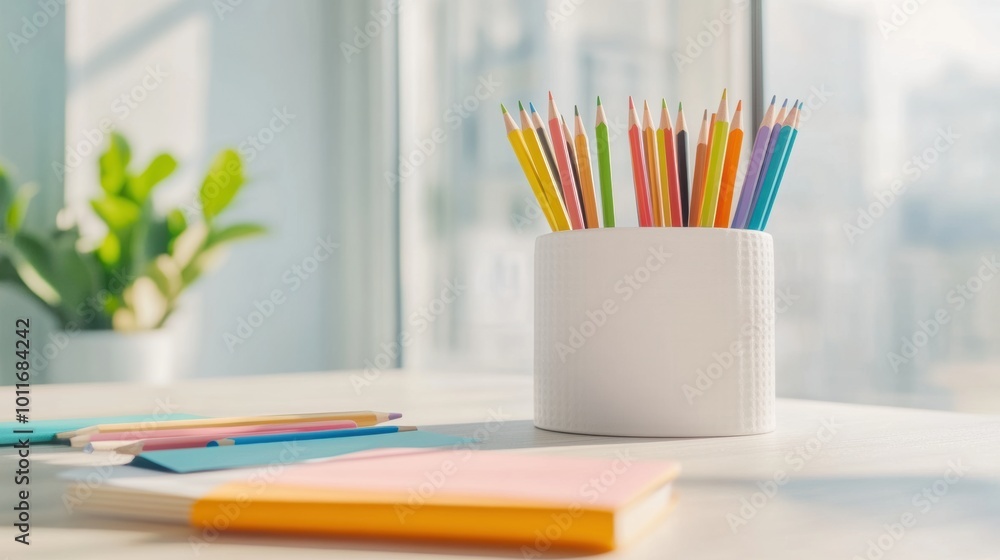 Fototapeta premium Colorful Pencils in Modern Workspace Setting
