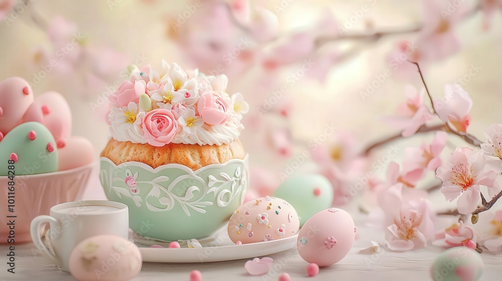Easter cupcake with flowers and eggs Easter cupcake with flowers and eggs