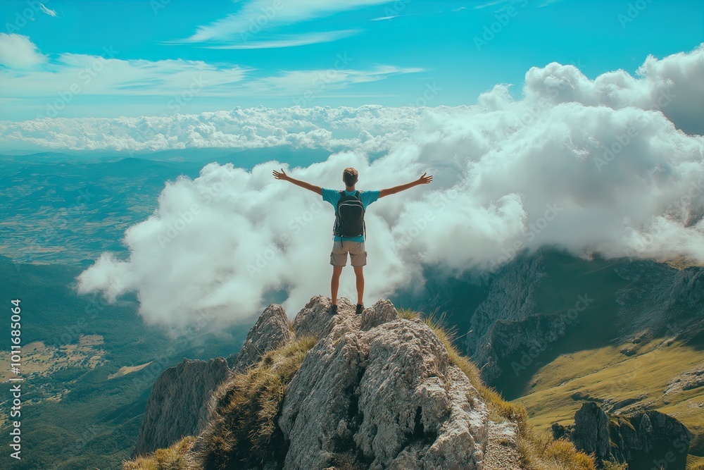 A determined hiker triumphs atop the Mountain of Success A determined hiker triumphs atop the Mountain of Success