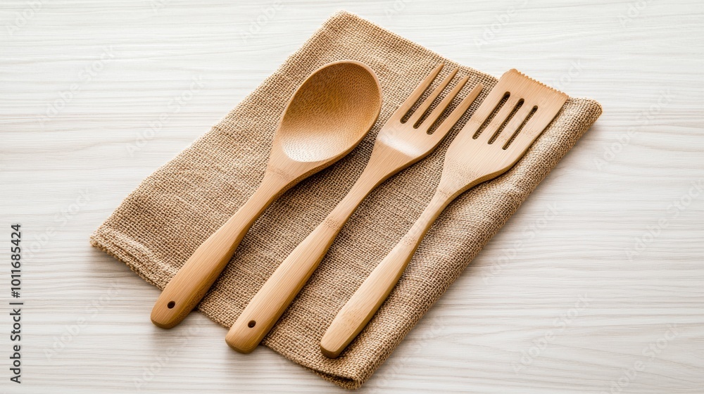 Wooden Kitchen Utensils on Textured Fabric Surface Wooden Kitchen Utensils on Textured Fabric Surface