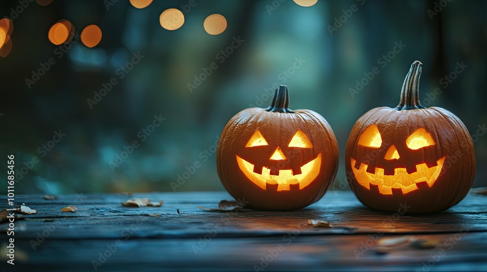 Fototapeta premium Halloween Jack O Lantern pumpkins, carved and glowing on a wooden table with room for text.