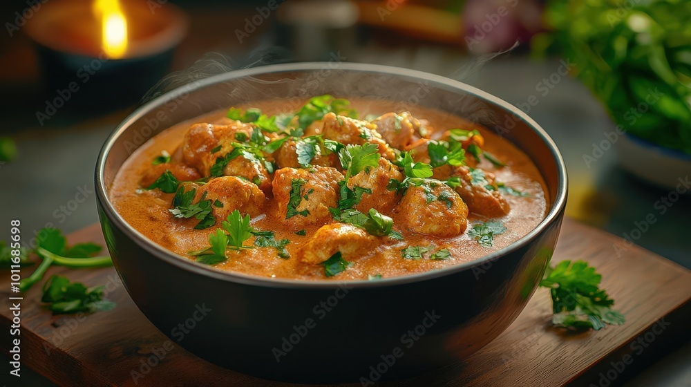 Spicy chicken curry in bowl with steam Spicy chicken curry in bowl with steam