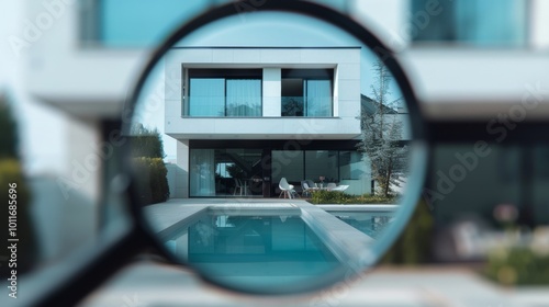 A modern house poolside view is magnified through a clear lens, accentuating the sleek architectural features of the property.