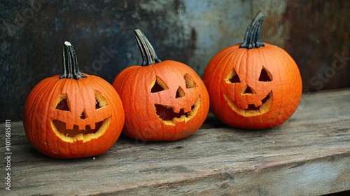 Halloween pumpkins with carved faces on a wooden table, perfect for text space.