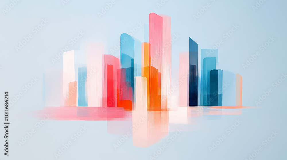 Abstract cityscape with tall buildings in blue, red, orange and white hues. Abstract cityscape with tall buildings in blue, red, orange and white hues.