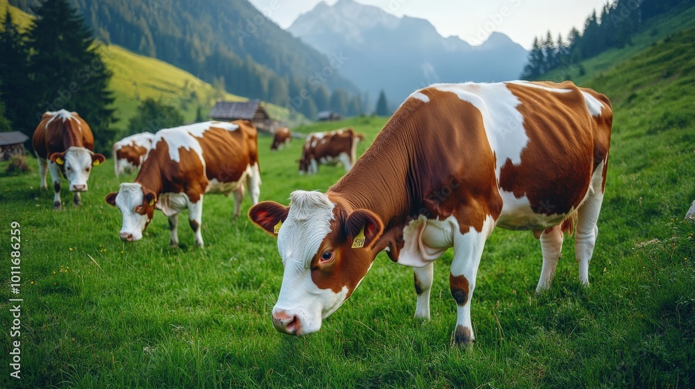 A cow is grazing in a field with other cows A cow is grazing in a field with other cows
