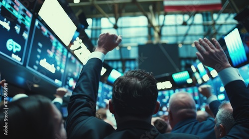 A group of traders enthusiastically reacting to market results on the trading floor, with hands raised in celebration and screens displaying data.