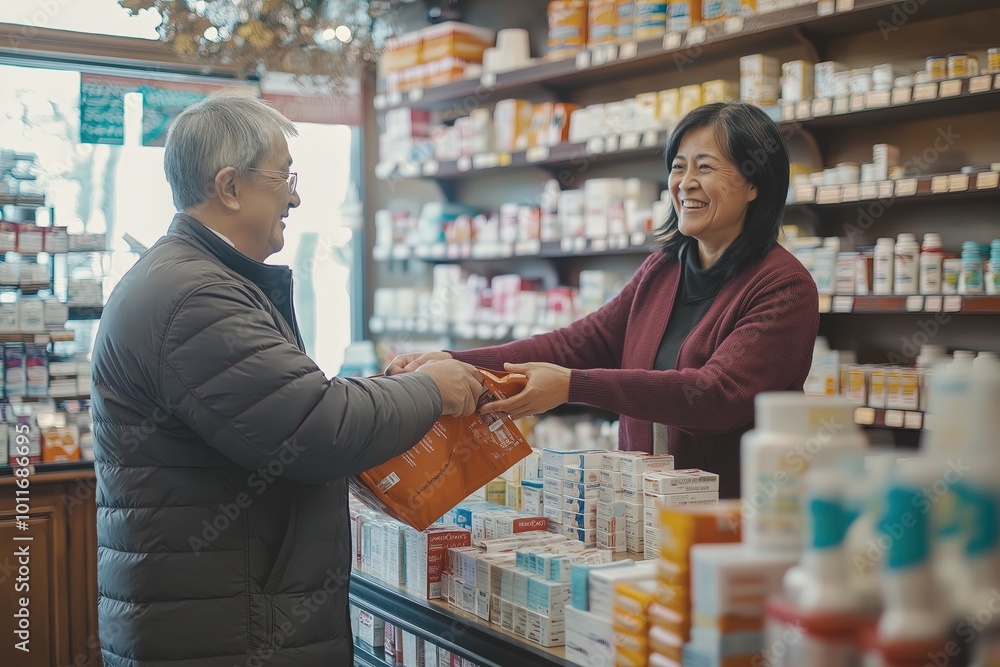 Pharmacist assisting a customer in a cozy community pharmacy Pharmacist assisting a customer in a cozy community pharmacy