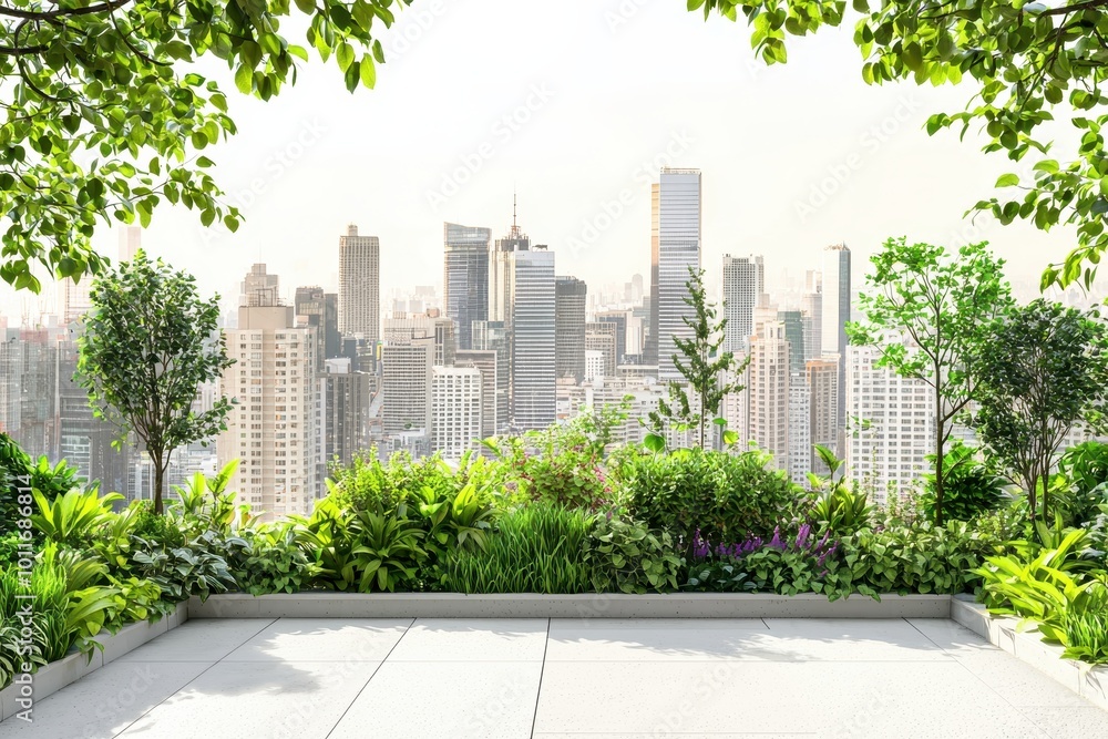 Lush green rooftop garden with plants and trees overlooking a modern city skyline, offering a serene urban oasis experience. Lush green rooftop garden with plants and trees overlooking a modern city skyline, offering a serene urban oasis experience.