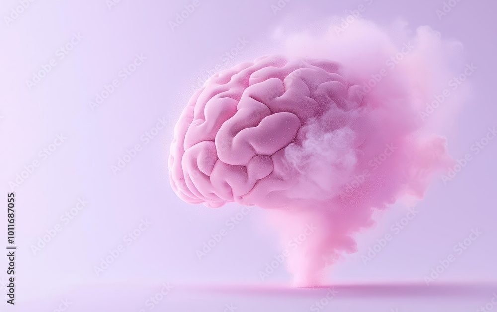 Creative representation of a pink brain with soft clouds, symbolizing thoughts and imagination, on a pastel background. Creative representation of a pink brain with soft clouds, symbolizing thoughts and imagination, on a pastel background.