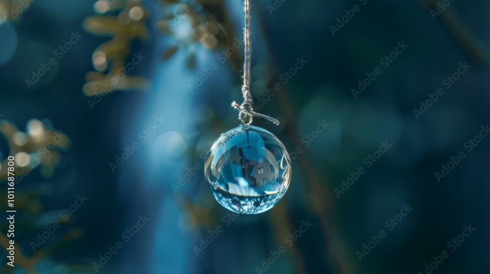 A crystal-like orb hanging delicately from a string, set against a serene blue background with soft bokeh light effects. A crystal-like orb hanging delicately from a string, set against a serene blue background with soft bokeh light effects.