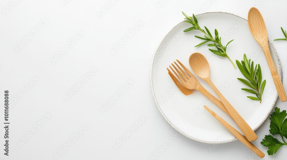 Wooden Cutlery and Herbs on White Plate Background Wooden Cutlery and Herbs on White Plate Background